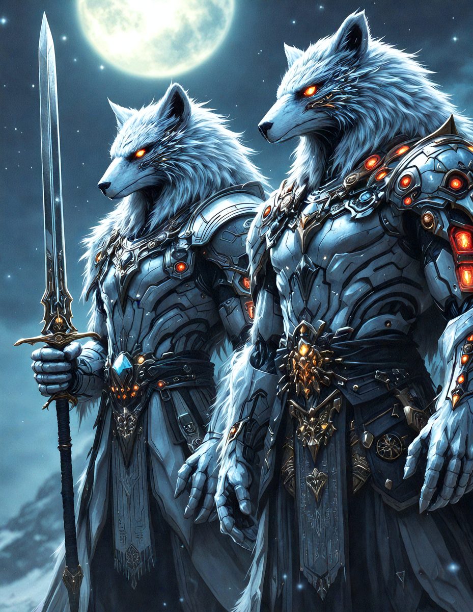 The image features two wolves in a fantasy setting, with a full moon in the background. The wolves are dressed in dark clothing and are positioned in a secluded area, with the moon visible in the background. The wolves are positioned in a way that creates a sense of mystery and mystery, with the moon visible in the background. The wolves are positioned in a way that creates a sense of mystery and mystery, with the moon visible in the background.